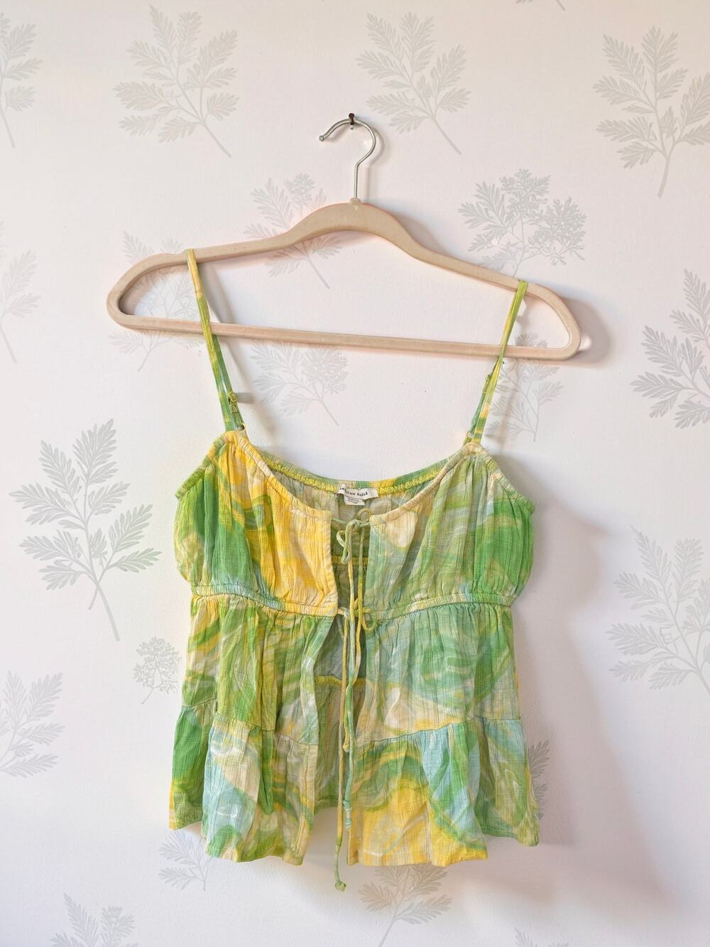 American Eagle Womens Small Green Yellow Tie Dye Tiered Cami Tank Top Boho